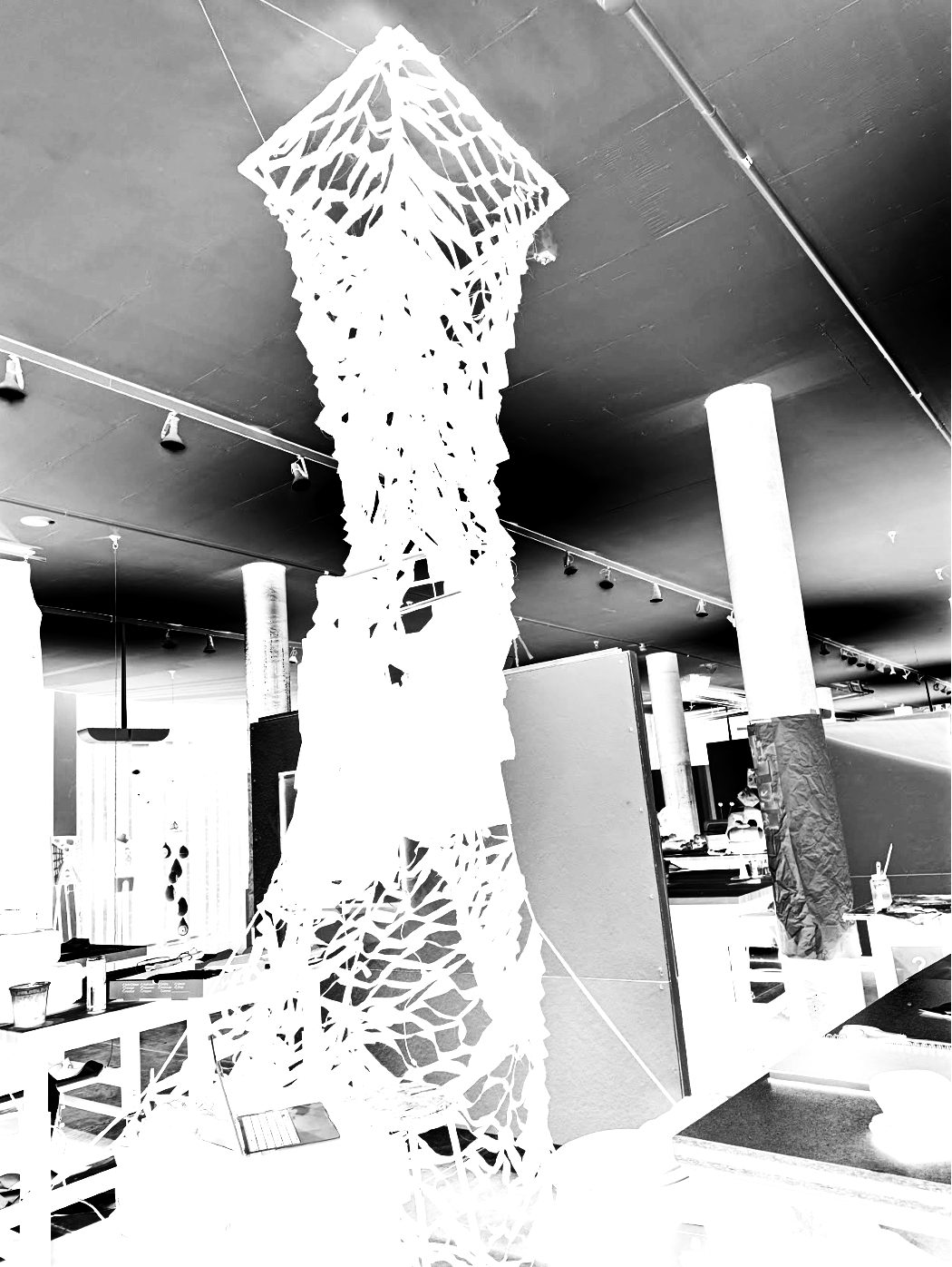 Netted sculpture suspended in the studio